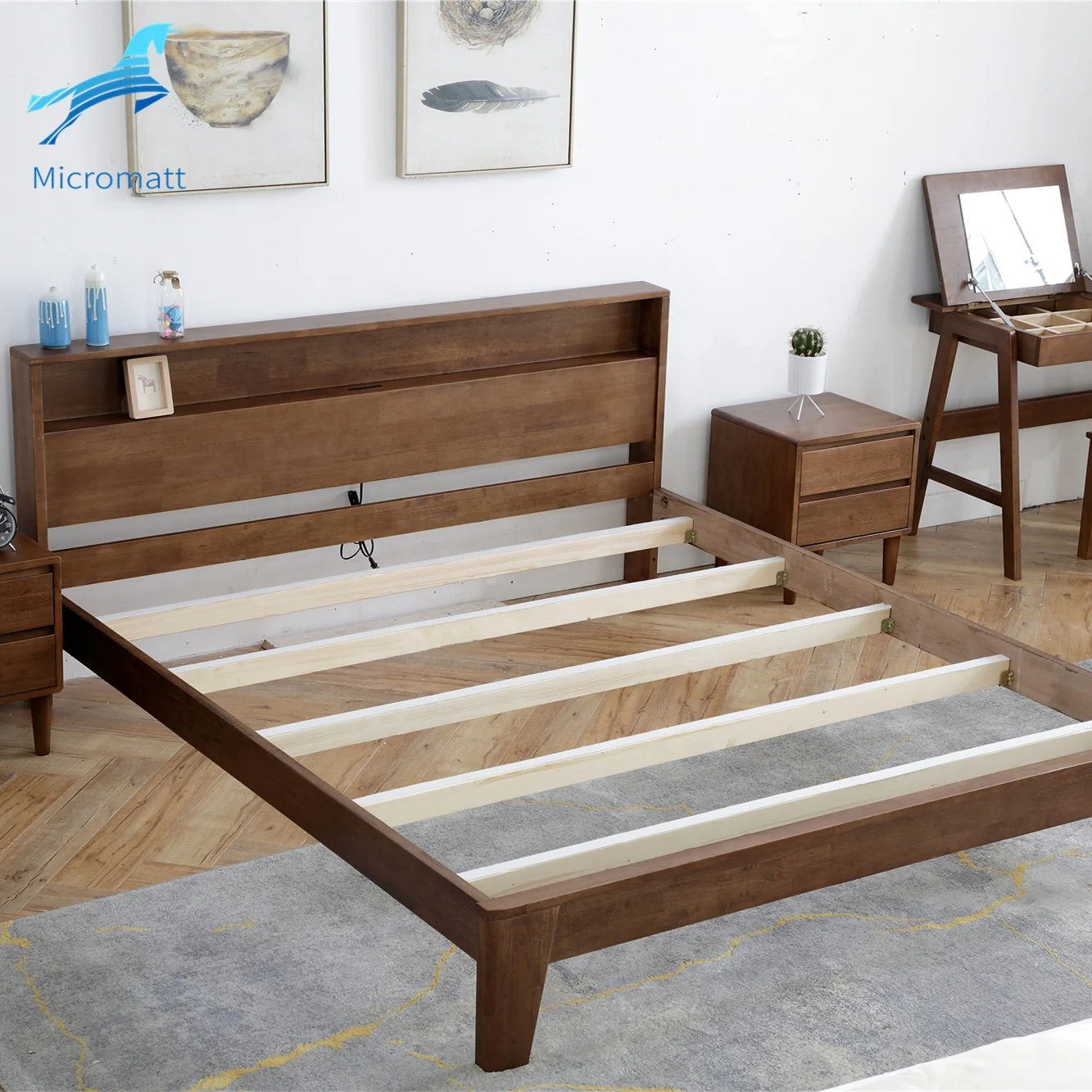 Factory Direct Selling American Style Bed Room Furniture Storage Walnut Color Apartment Queen Solid Wood Bed Frame