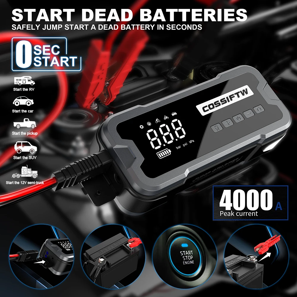 Factory Wholesale 12v Super Capacitor 150PSI High Power Booster Tire Inflator Air Pump Car Jump Starter With Air Compressor