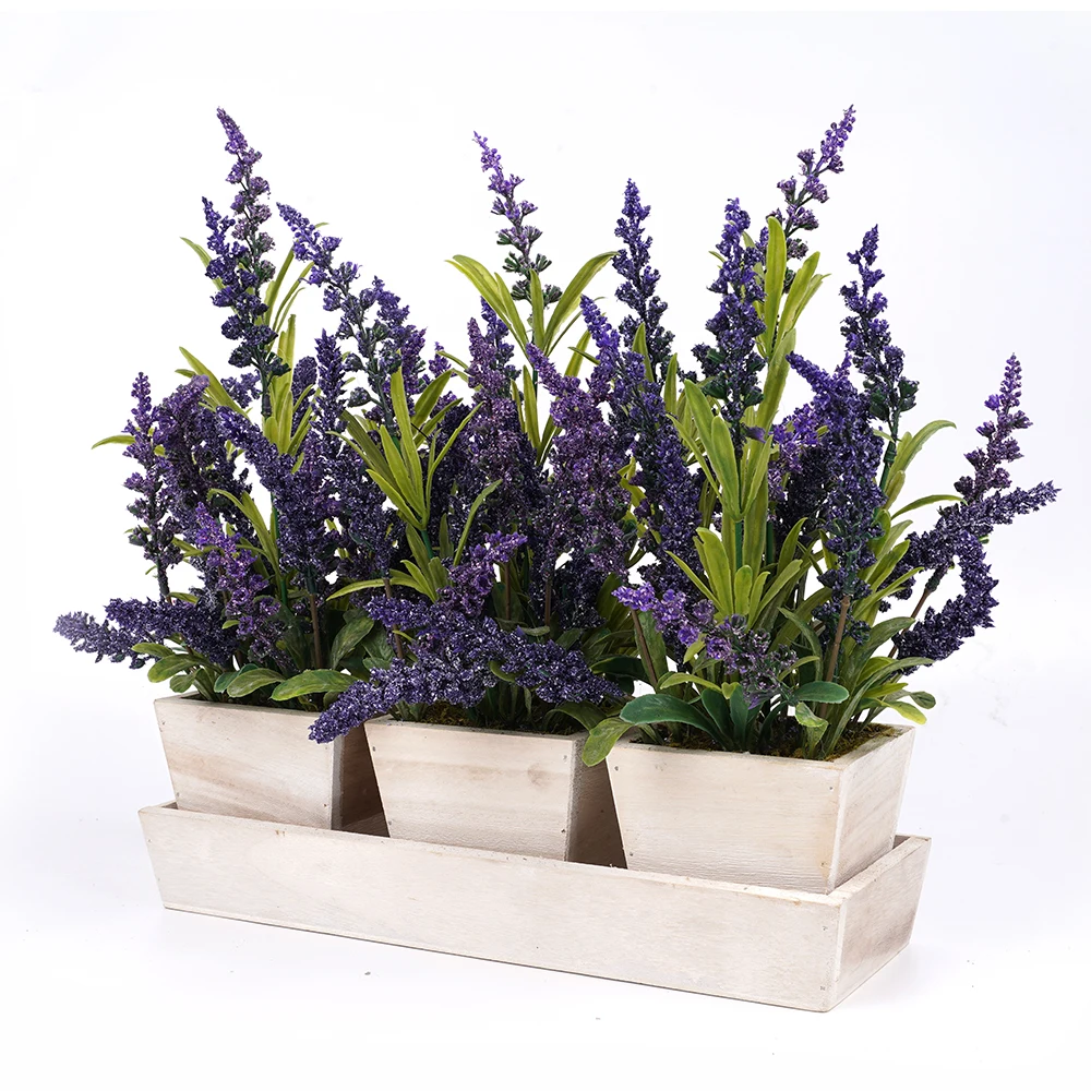 
New design indoor or outdoor Faux plastic flowers dector plant Set of 3 Artificial Potted Lavender in a wooden pot 