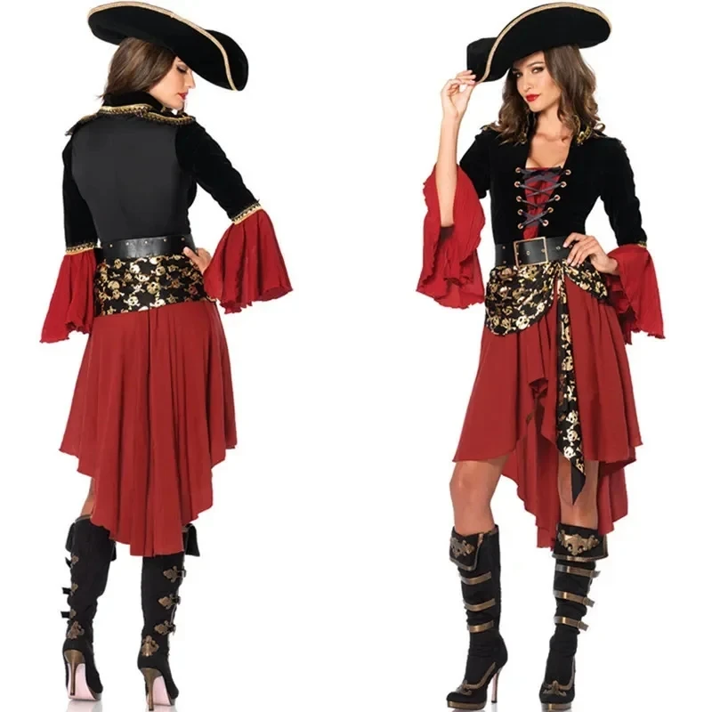 Vintage Medieval Sexy Caribbean Pirates Captain Costume for Female Halloween Cosplay Suit Woman Gothic Role Playing Fancy Dress
