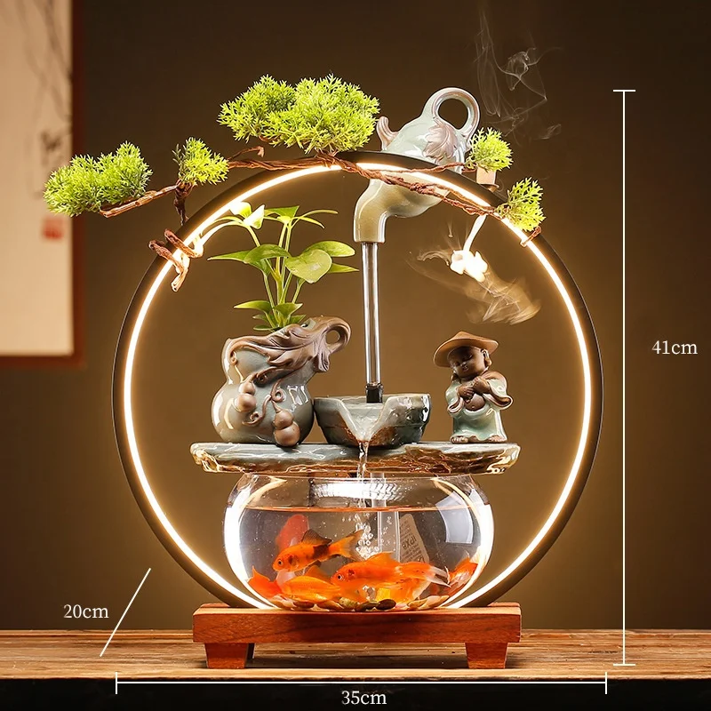 Wholesale Creative Zen Garden Ceramic Waterfall Fountain With Glass Fish Tank Indoor Smoke Water Fountain for Home Office Decor