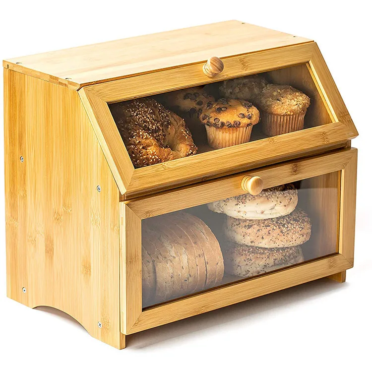 Large Double Layer Bread Box Bamboo Breadbox With clear Window Farmhouse Style Bread Holder For Kitchen