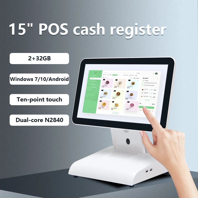 15.6 inch 1366*768 N2840 processor 2+32GB POS machine with LED 8 digital customer display WIFI RJ45 POS all in one machine