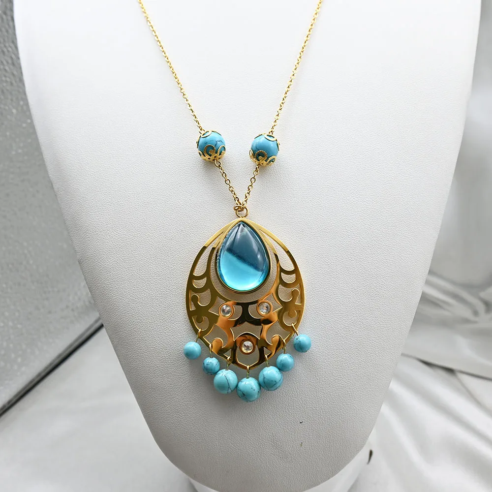 wholesale Vintage Bohemian blue Bead Pendant Ethnic Turkish Gypsy Stainless Steel Fringe Necklace For Women