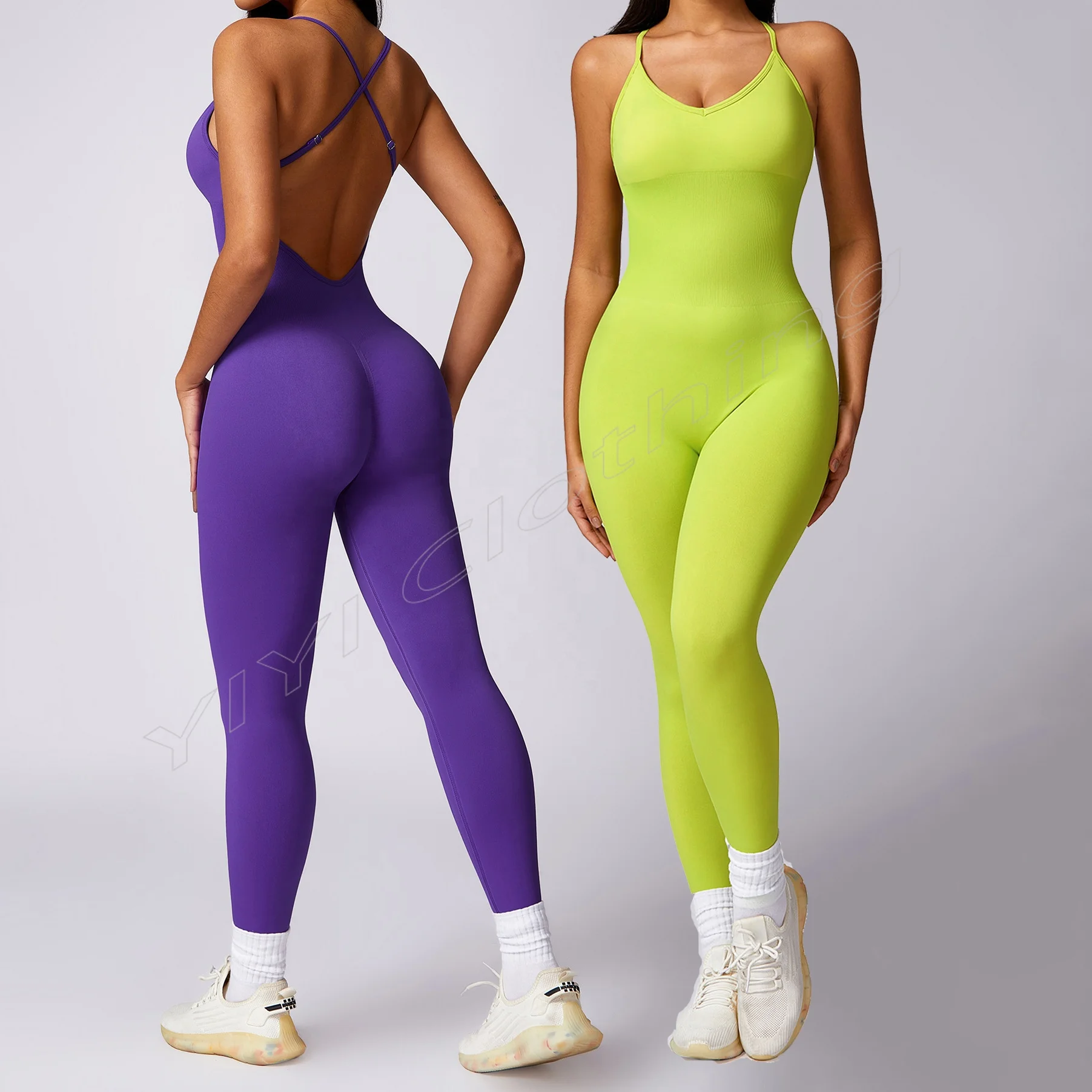 Women Workout Strappy Backless Workout Jumpsuit Seamless Spaghetti Strap Romper One Piece Tank Top Sleeveless Exercise Jumpsuits