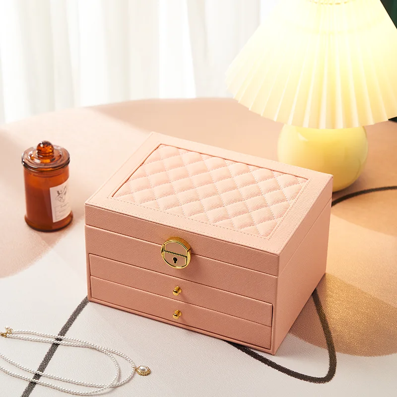 Wholesale Large Three Layer Drawer Pu Leather Earring Ring Stacker Jewelry Storage Box with Lock