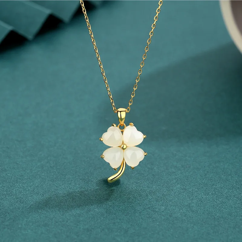 New fashion 18k gold plated 925 sterling silver 4 leaf clover white jade pendant necklace