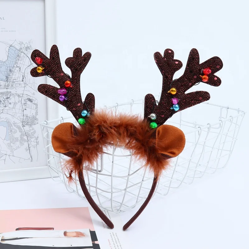 BSCI SJ0469 Latest colorful led long deer horn hairbands green sequin fabric lighting Christmas headbands