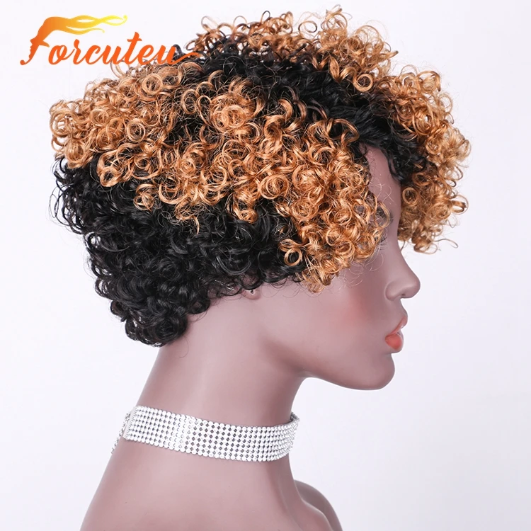 Unprocessed Brazilian 7 inch Short Kinky Curly Bangs Ombre Blonde No Lace Cuticle Aligend Virgin Human Hair Wig For Black Women