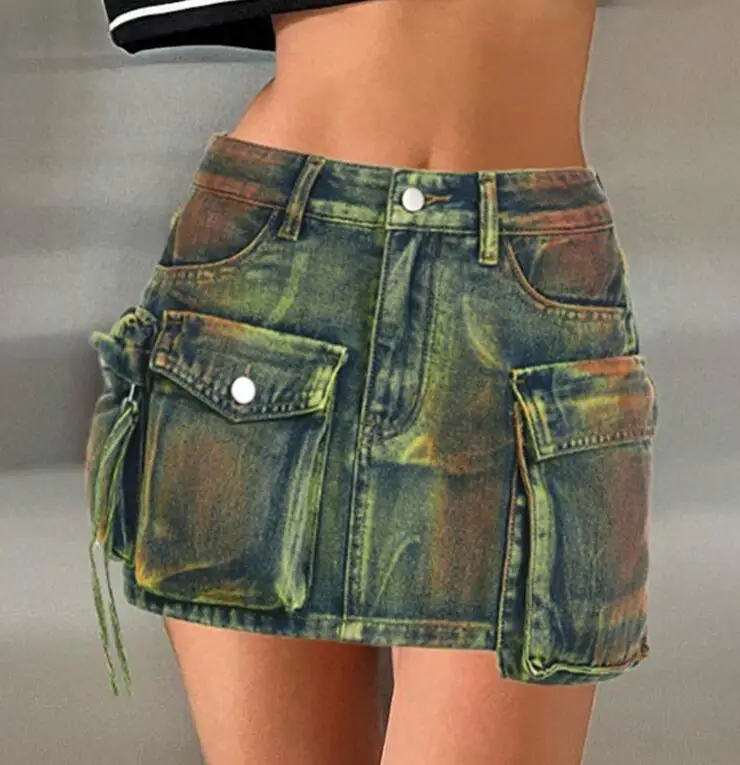 2024 STOCK Hot Sale Streetwear Cargo Denim Skirt High Waist Button Skirt Fashion Multi Pocket Jeans Short Skirt