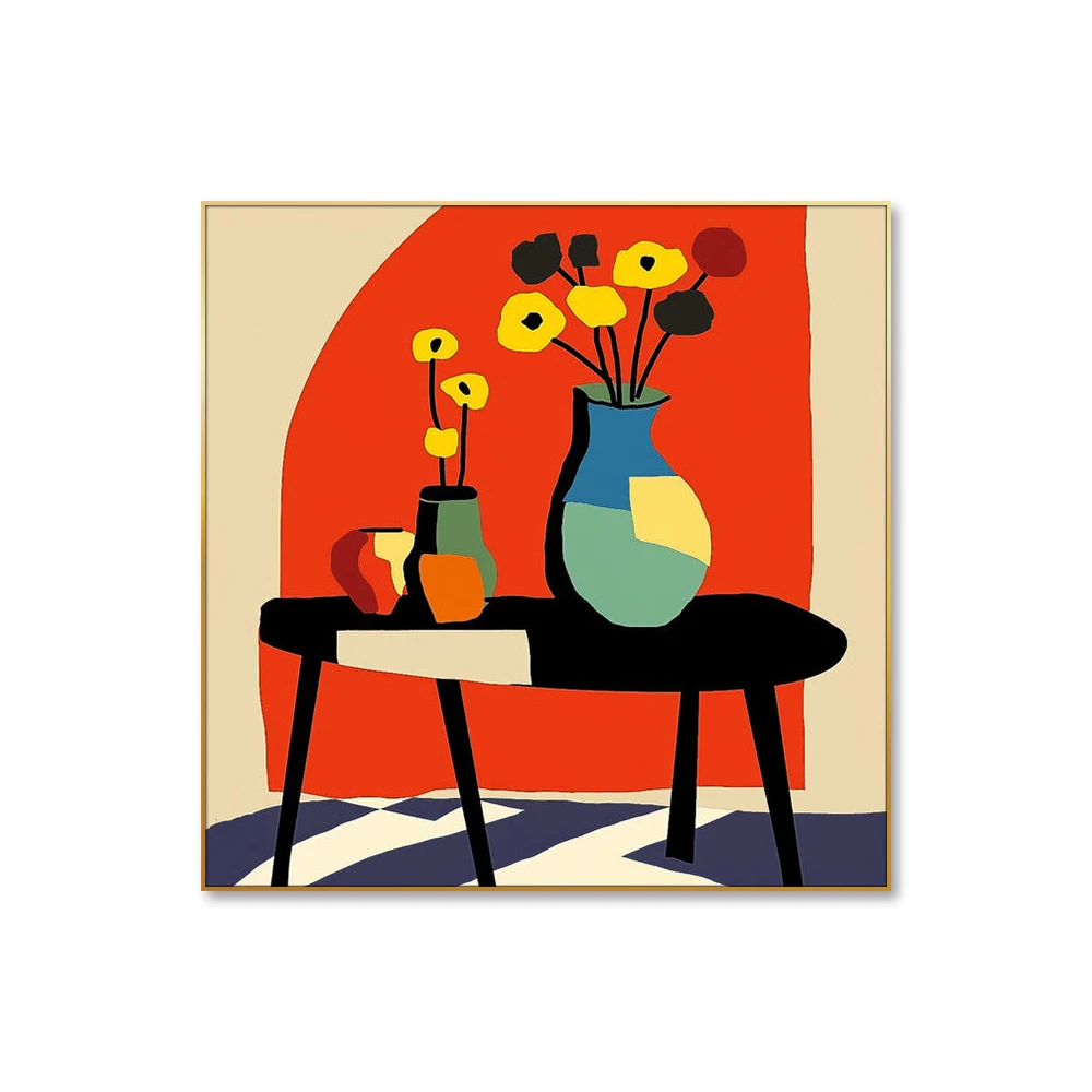 Square Contemporary Abstract Realism Wall Art Large Beautiful Vase with Bright Paintings Linen Material Oil Medium Cotton Base