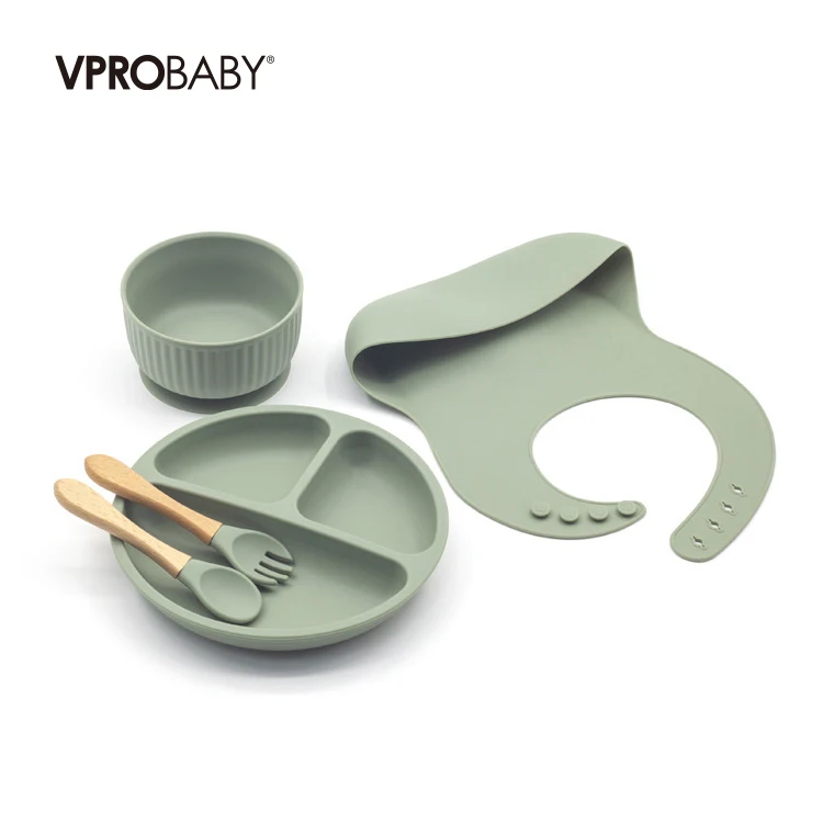 Wholesale stock custom your logo baby plate suction silicone baby silicone bib bowl spoon tableware set