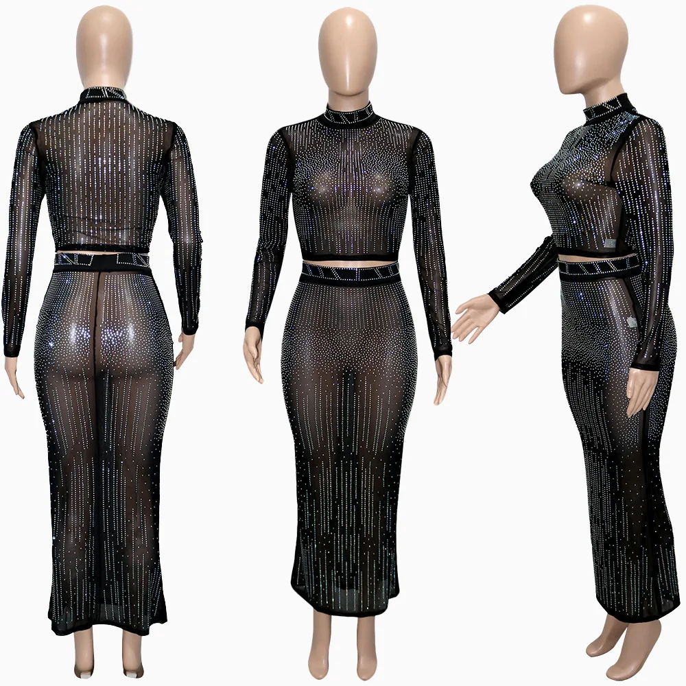 S61101 hot selling fashion sexy top and skirt rhinestone long sleeve evening women two piece set clothing