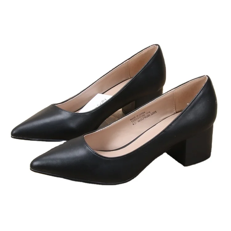 Дешевая оптовая продажа; Модные женские офисные туфли-лодочки из искусственной кожи черного цвета с острым носком на не сужающемся книзу массивном каблуке