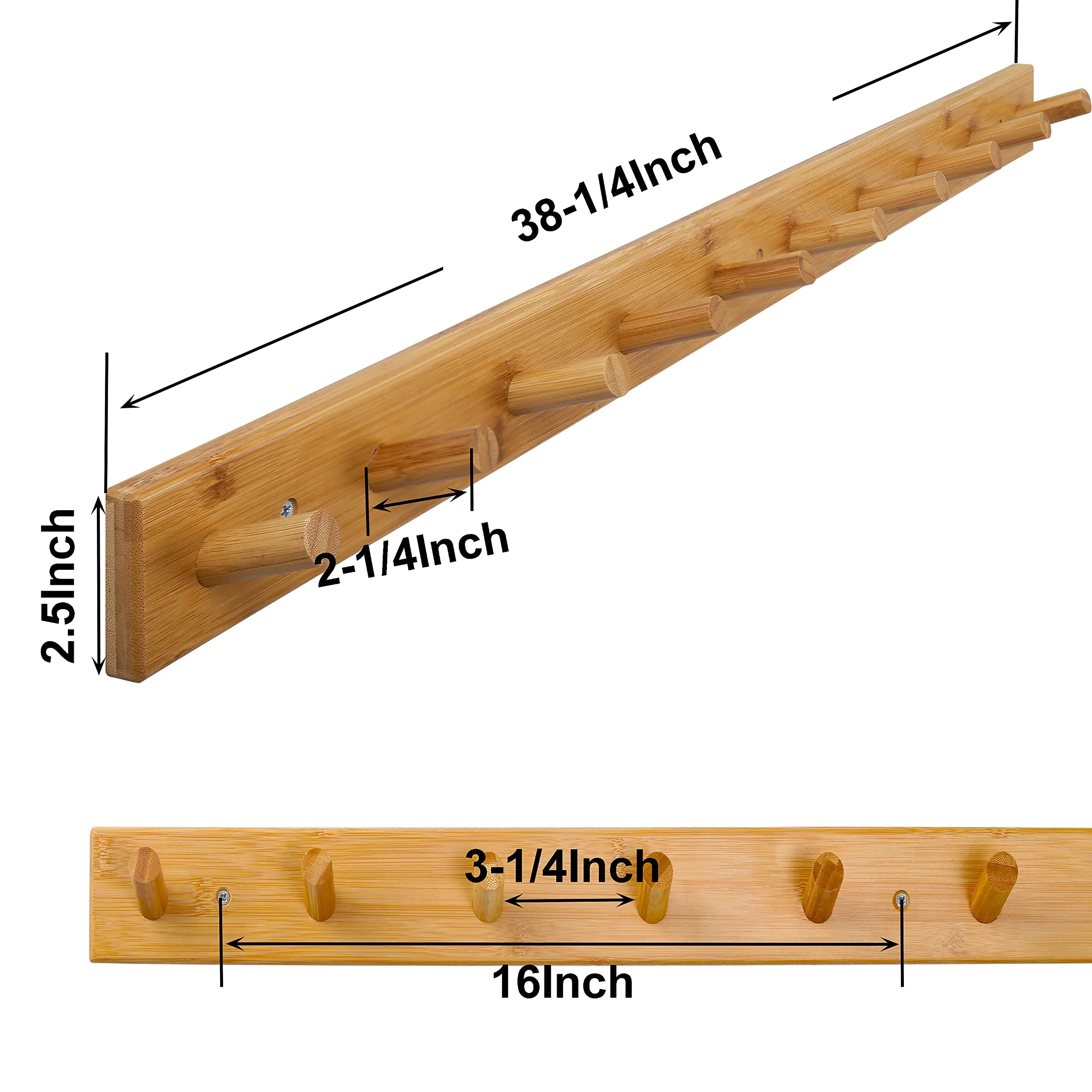 Wood Coat Rack Wall Mounted,10 Peg Long Bamboo Hook for Hanging Backpack Coat Towel Hat