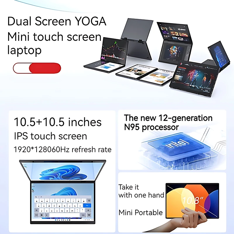 New Design 10.5 Inch Dual Touch Screen 2 in 1 YOGA Computer PC Intel N95 12th Gen 3.4GHZ DDR4 Double Full Touch Screen Laptop