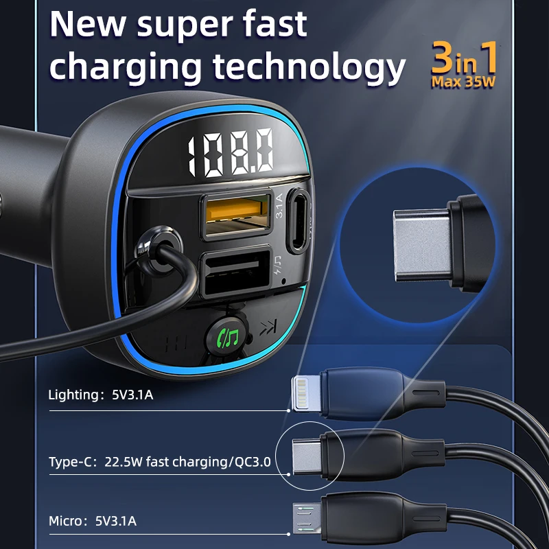 Car Bluetooth Wireless Radio Adapter USB Car Charger MP3 Player Bluetooth FM Transmitter Multifunctional Portable OEM ABS CN;GUA