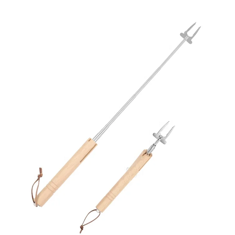 Wooden Handle Campfire Multi-use Telescoping and Fully Retractable Fork Telescopic Roasting BBQ Forks for Grill