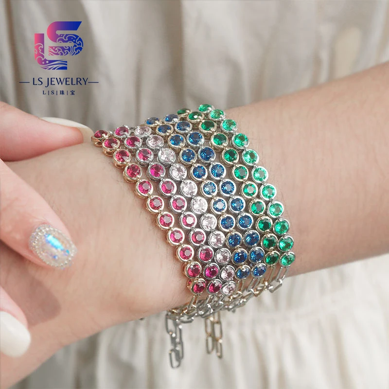 14k Solid Gold Wholesale  Round Shape Lab Grown Gemstone Luxury Engagement Jewelry Emerald Ruby Alexandrite Bracelet