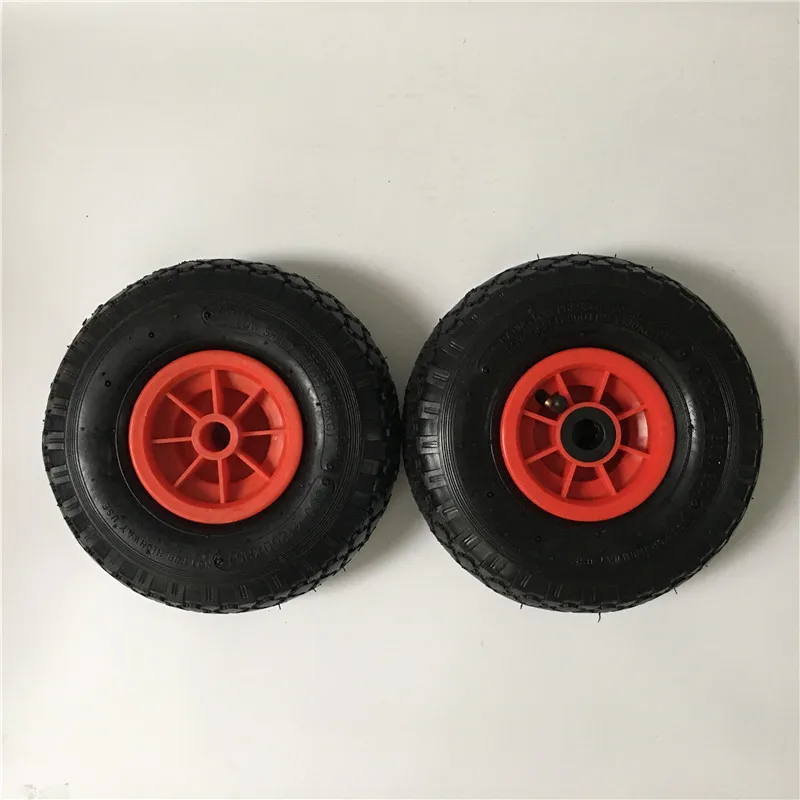 Europe Market Hot Sale 10 300 4 pneumatic rubber wheel with red plastic rim center hub hub length 75mm roller bearing 20mm