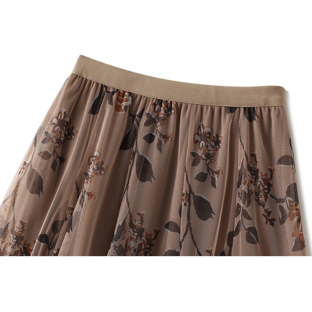 Korean Style Floral Print Spring Long Skirts for Women VD1711 High Waist Black Party Mesh Tulle Skirt jupe