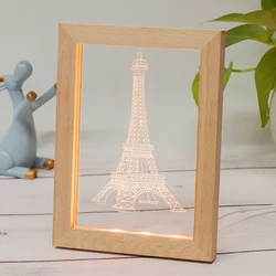Craft Beech Wooden Foto Frame Lamp 3D Acrylic Wood LED Photo Frame Night Light