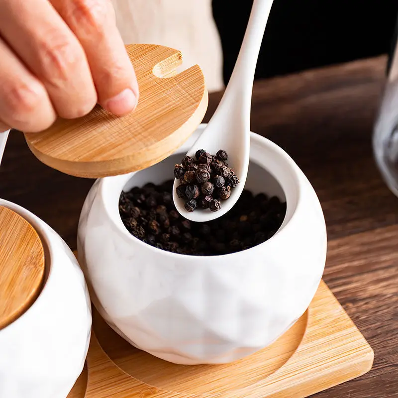 3 Piece Set Kitchen Unique Pattern Sugar Bowls Condiment Jar Ceramic Seasoning Can with Spoon and Bamboo Lid