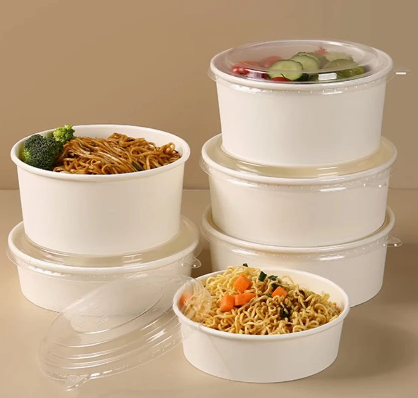 ebelee Food Packaging Cup Custom logo disposable paper salad soup bowls kraft paper container White takeaway Bowl with lids