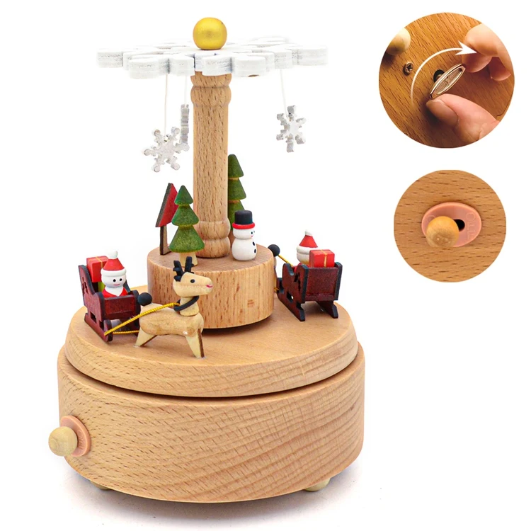 Christmas snowflake wooden music box with rotating snowflake