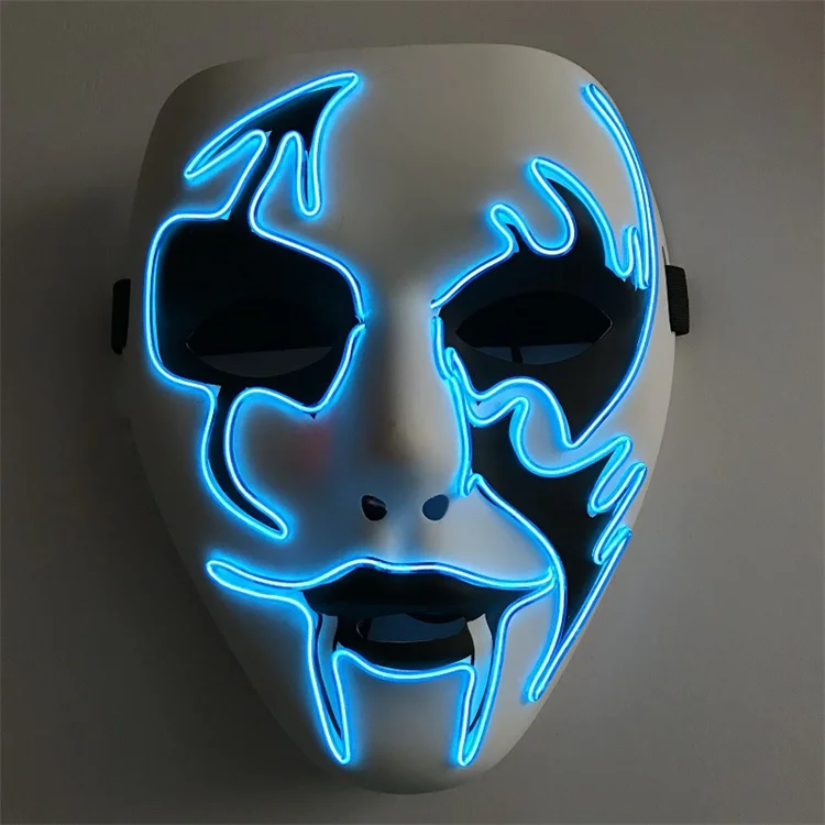 Halloween Neon Led Luminous White Ghost Fish Mouth Horror Face Mask Cosplay Costume EL DJ Party Masks Carnival Props
