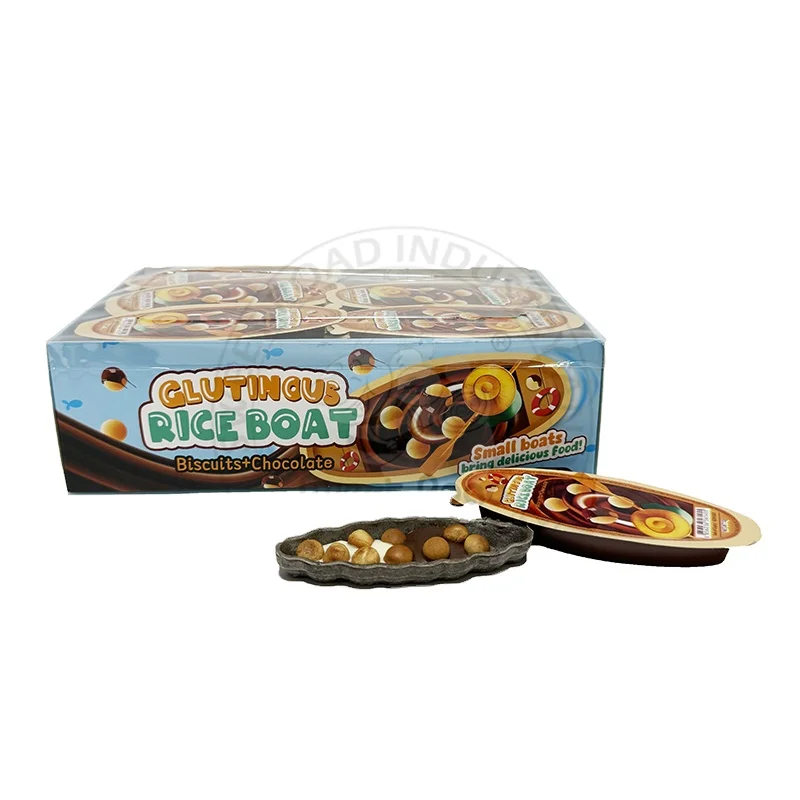 Small boat delicious chocolate with biscuit