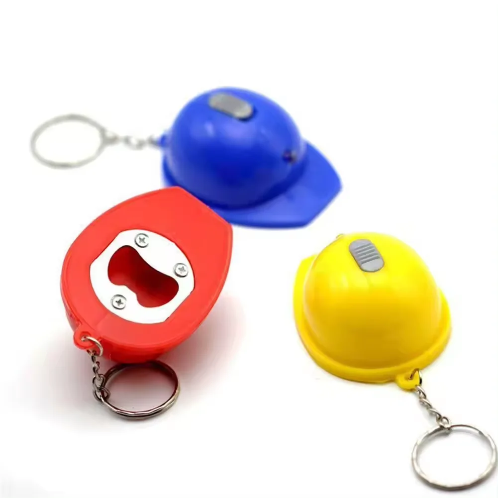 Custom Logo Helpmet Beer Bottle Opener Promotional Plastic Safety Helmet Bottle Opener Keychain With Led Flashlight