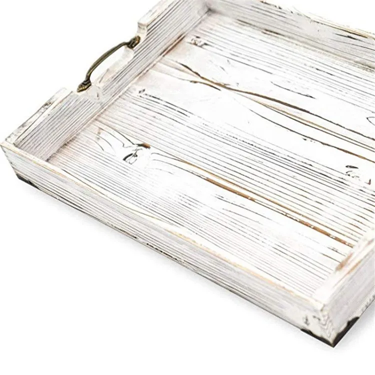 Distressed White Farmhouse Durable Solid Pine Wood Serving Trays and Platters