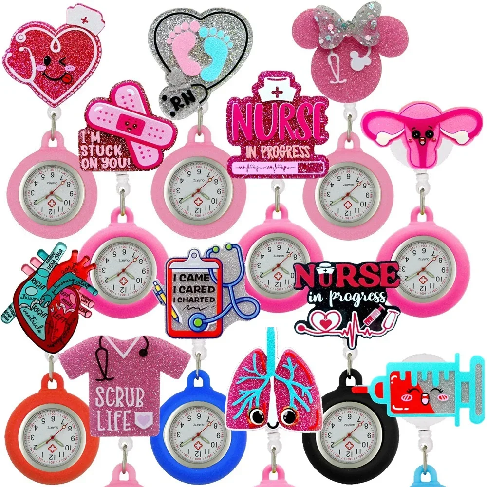 Wholesale Custom Glitter Plastic Medical Letters Badge Reel with Pocket Watch nurse badge reel retractable