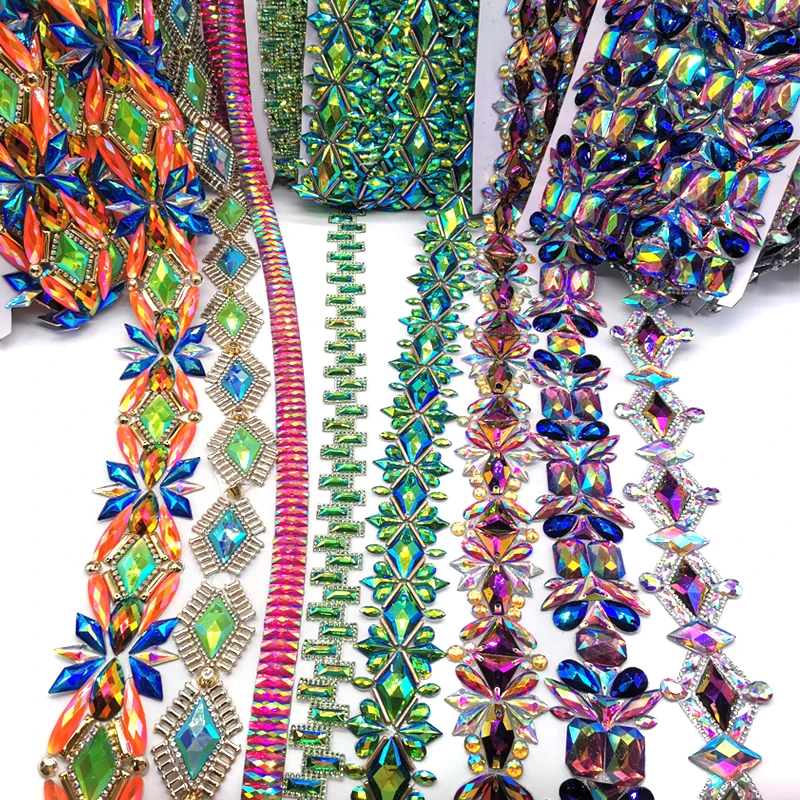 2025 Carnival Costume Decoration Iron-On Iridescent Resin Strass Appliques Hot Fix Rhinestones Stone Chain Trim