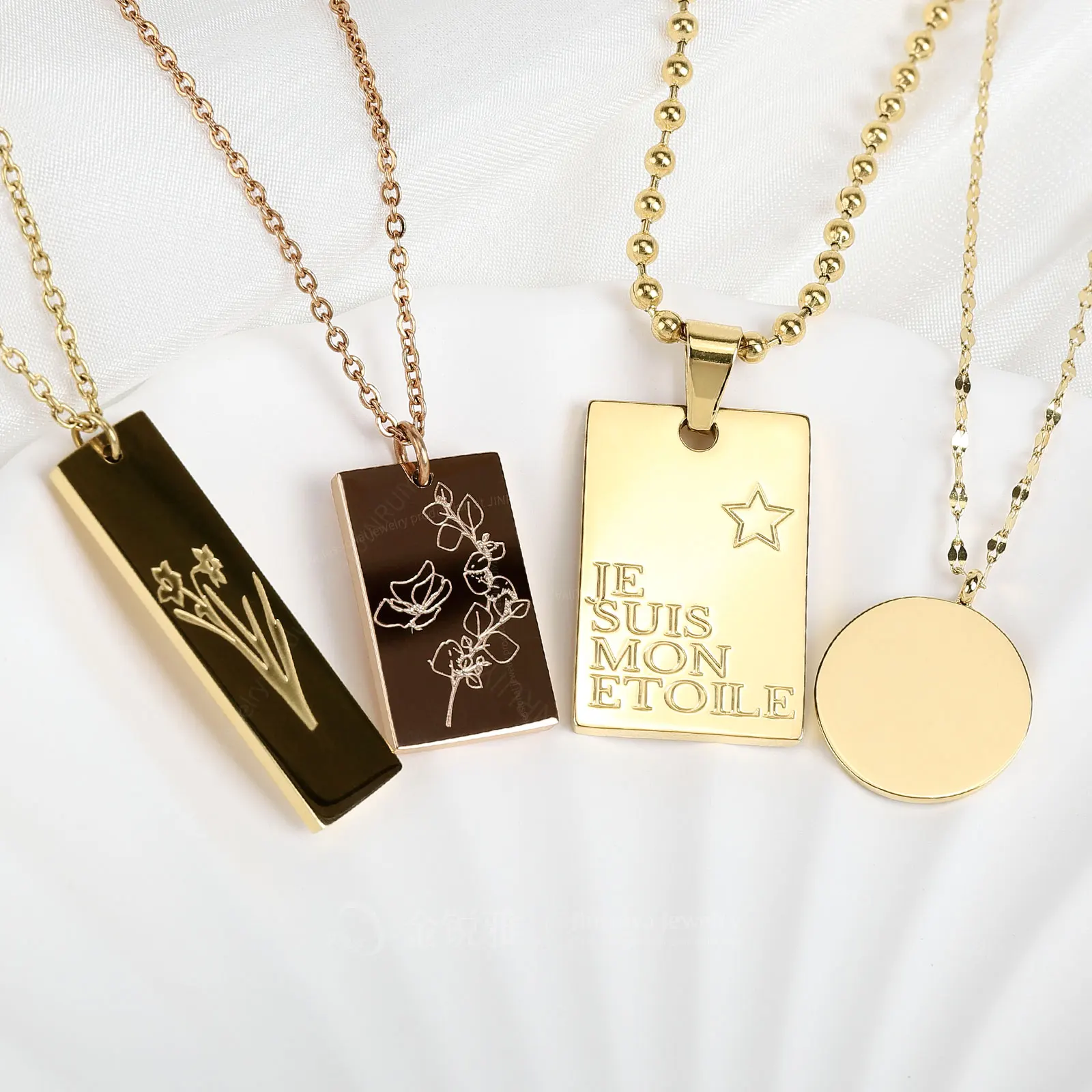 Jewelry Manufacturer Women Stainless Steel Gold Plated Fashion Necklaces Pendant Charm Custom Engraved Word Message Letter Carve