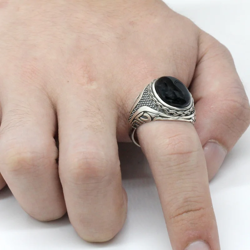 Arabic S925 Sterling Silver Men Ring with Black Agate Stone for Man Rings Jewelry