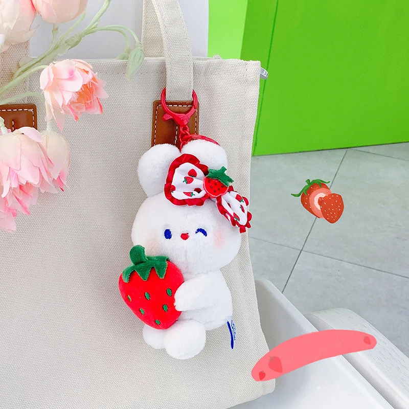 .Wholesale Customized Plush Animal Toy Pendant Creative Cartoon Strawberry Rabbit Plush Doll Keychain  christmas gift ideas