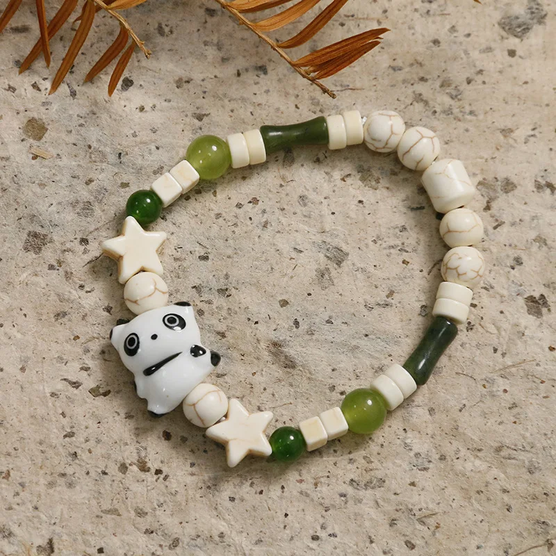 Chinese style Cute  Ceramic Panda Natural Turquoise Beaded Bracelet Fashion Jade  Bamboo Beads Bracelet for Men and Women