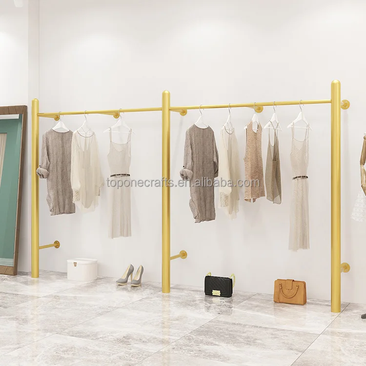 High Quality Women Clothing Store Furniture Modern Portable Clothing Display Rack Gold Pipe Wall Mounted Clothes Hanging Racks