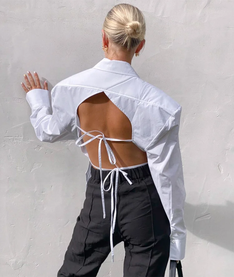 Модные пикантные рубашки с воротником-стойкой и длинным рукавом однобортные белые дамские приталенные топы на шнуровке открытой спиной карманами для женщин