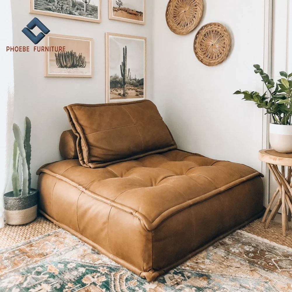 Volans mid century modern square modular sectional cube leather sofa couch with pillows