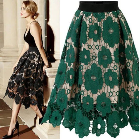 
Wholesale hot sale elegant lady half length skirts women elastic high waist lace skirt 