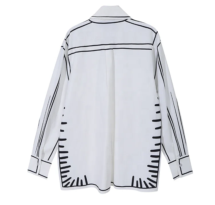 Fashion White Long Sleeve Turndown Collar Ladies Tops Blouse Line Printing Button Pockets Loose Shirts For Women
