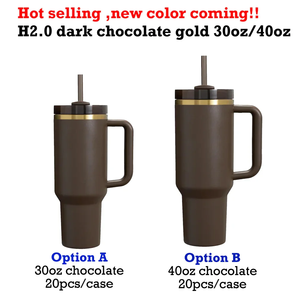 USA warehouse powder coated H2.0 dark chocolate gold 30oz 40oz tumbler high-capacity gold plated chocolate travel mug tumbler