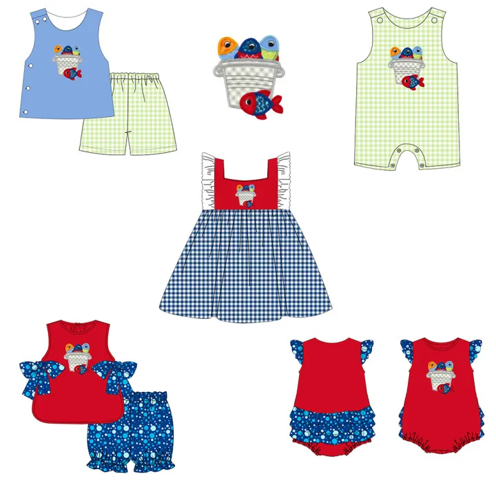 Custom Wholesales 2022 New Born Baby Rompers One Piece Buttons Fish Applique Romper Breathable Boy Jumpsuit