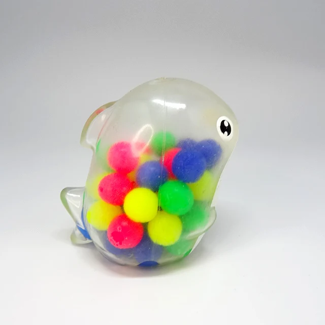 Funny Multi Color Clear Happy Shark Squishy Toy With Color Beads Rainbow Balls