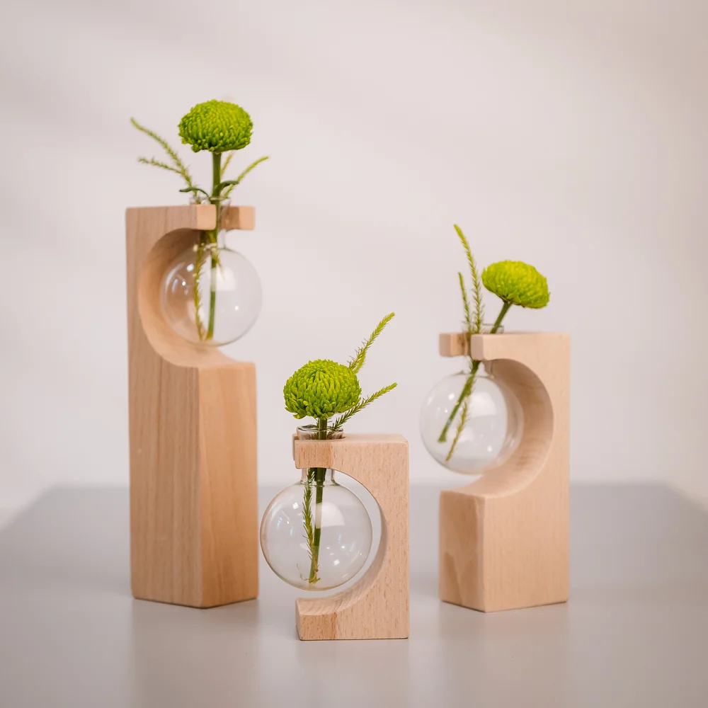 Wood Test tube vase Plant Terrarium with Wooden Stand Plant Propagation Station Planters Glass Tubes Hydroponic Vase