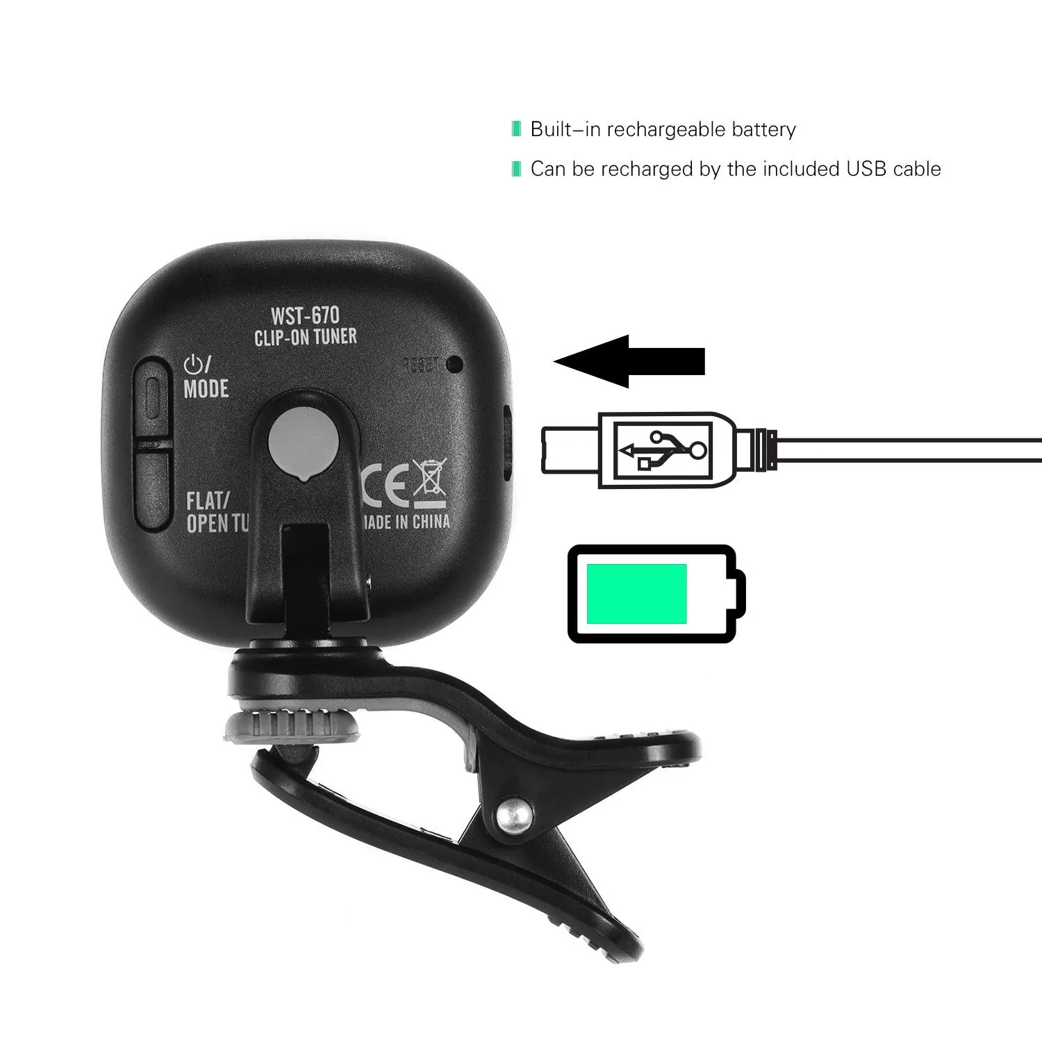 Cherub WST-670 Rechargeable Clip-on Guitar Tuner with LCD Color Display