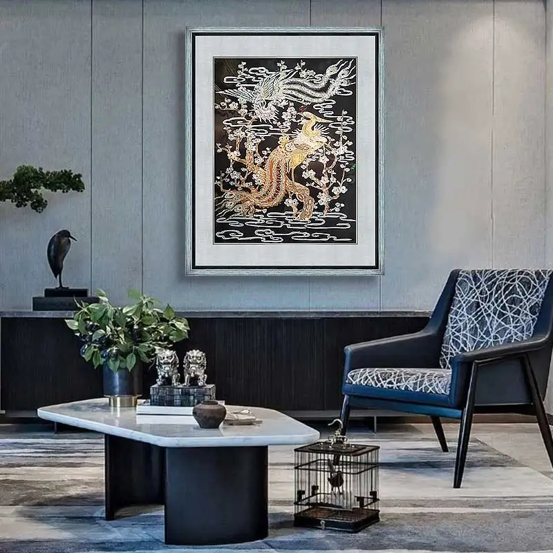 JZ Living Room Decor Abstract Enamel Artwork Phoenix Luxury Tempered Glass Wall Art 3D Animal Glass Paintings For Home